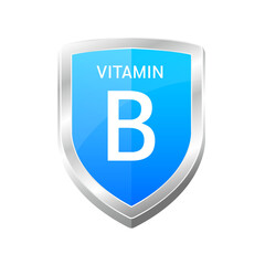 Vitamin B shield with Blue atom. Drug Protect body stay healthy, protection from chemicals entering body. For nutrition products food. Medical scientific concepts. Isolated on cut out PNG.	