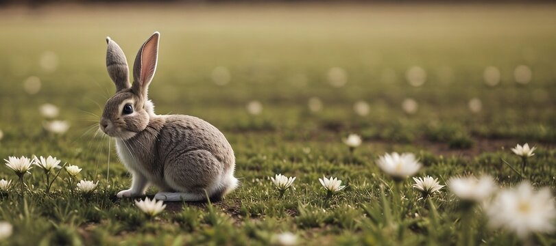 Close-up of a cute rabbit in the spring field with copy space. 