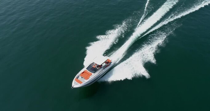 aerial view of motor yacht on the lake of iseo, italy