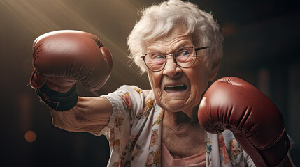 an elderly woman with red boxing gloves ready for a fight. - obrazy, fototapety, plakaty