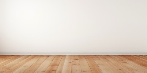 Empty white wall with hardwood wooden floor and large copy space for text or advertisement.