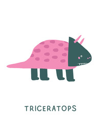 Jurassic period dinosaur flashcard. Learning English words for kids. Cute hand drawn doodle educational card with triceratops dino. Preschool learning material. Funny extinct animal card for print