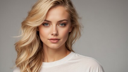 Portrait of a gorgeous young woman with long blonde hair. A beautiful face and a pleasant smile. A white T-shirt. Grey light background. - obrazy, fototapety, plakaty