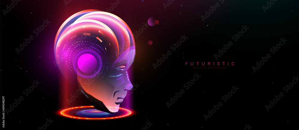 Poster AI - Artificial intelligence. Ai digital brain. Robotics concept. 3D human head and face. Illustration vector