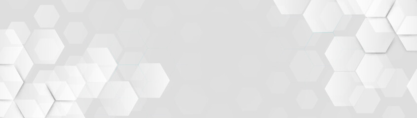 Abstract geometric hexagon futuristic digital hi-technology with a grey background. Trendy white minimal geometry banner. Vector illustration - obrazy, fototapety, plakaty