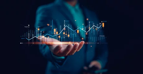 Fotobehang Investor investment Planning and strategy, Stock market, Business growth, progress or success concept. Businessman or trader is showing a growing virtual hologram stock, invest in trading. © Looker_Studio