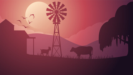Farmland silhouette landscape vector illustration. Scenery of livestock cow and goat in the countryside farm. Rural landscape for illustration, background or wallpaper