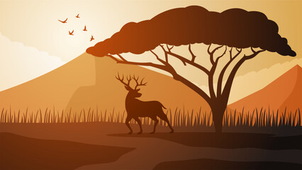 Fototapeta na wymiar Savanna deer landscape vector illustration. Scenery of deer silhouette and african tree with sunset sky. Deer wildlife landscape for illustration, background or wallpaper