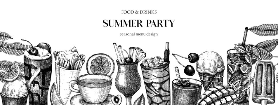 Summer party background. Non-alcoholic beverage, mocktail, ice cream, fruit, cocktail sketches. Hand drawn vector illustration. Summer food and drinks. Vintage bar menu. Tropical design