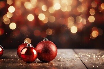 Festive background with red shades, Christmas balls, sparkles, stars and beautiful bokeh