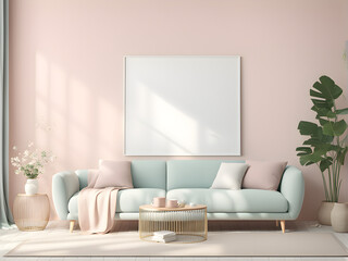 Beige velvet sofa with terra cotta cushions between houseplants. Mockup frame in interior background, room in light pastel colors, 3d render