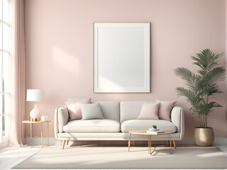 Beige velvet sofa with terra cotta cushions between houseplants. Mockup frame in interior background, room in light pastel colors, 3d render