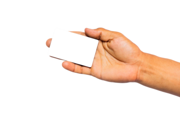 Male hand holding a credit card or business card isolated on white background, clipping path