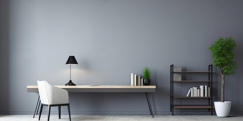 Minimalist home office with gray wall and furniture