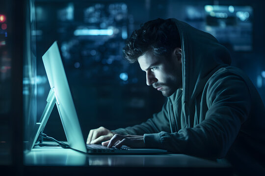 Man Using Computer At The Dark Room