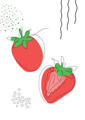 Continuous one line drawing strawberries. Vector illustration. Black line art on white background with colorful spots and elements. Poster in minimalism concept