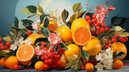 A vibrant and diverse collection of colorful fruit, adorned with delicate flowers and leaves, showcasing beauty and nourishment of natural foods such as mandarin oranges, grapefruits, clementines