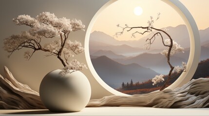 A delicate white vase, filled with vibrant flowers, sits atop a wooden table surrounded by lush green trees, creating stunning work of indoor art that perfectly captures peaceful essence of nature