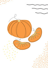 Continuous one line drawing tangerine . Vector illustration. Black line art on white background with colorful spots and elements. Poster in minimalism concept
