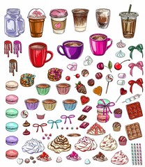 Vector illustration set valentine coffee Designed on a white background for Valentine's Day theme decoration, Valentine's coffee, digital printing, T-shirt design, stickers, bag patterns and more.