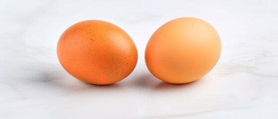 two chicken eggs on a white marble background, a generative AI panorama banner