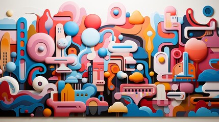 A playful and vibrant mural depicting whimsical cartoon characters and nostalgic toys brings joy and nostalgia to any space
