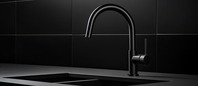 Black gooseneck tap featured in monochrome kitchen detail.