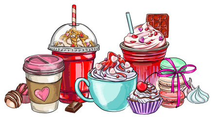 romantic composition of drinks and sweets for occasions related to love: Valentine's Day, romantic date, digital printing, t-shirt design, stickers