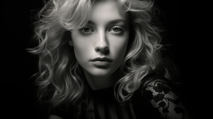 Fototapeta premium Captivating woman with flowing blonde locks and piercing eyes gazes confidently at the camera in a stunning portrait, highlighting her delicate features and flawless makeup