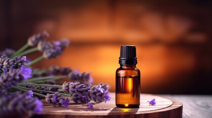 Essential aromatic oil and lavender flowers on a wooden base  