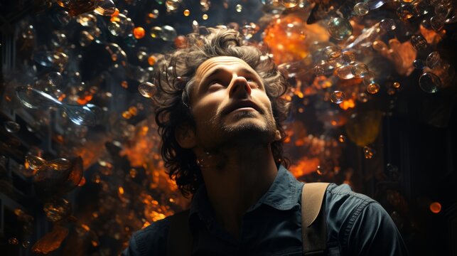 A mesmerized man gazes at a swirl of iridescent bubbles, his face reflecting awe and wonder as he stands adorned in casual attire, captured in a captivating portrait