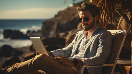 Sophisticated man in casual suit lounges on a beach chair with a laptop, blending work with relaxation against an idyllic seascape backdrop, embodying remote work luxury