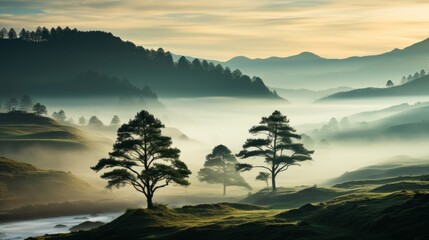 Naklejka premium A mystical morning emerges as fog dances amongst towering trees and majestic mountains, creating a natural landscape that evokes a sense of awe and wonder