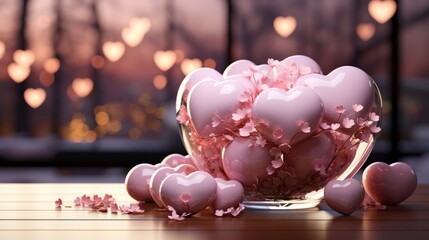 A charming display of love and delicacy, as a glass bowl overflows with a sweet medley of pink hearts and flowers, bringing warmth to an indoor setting