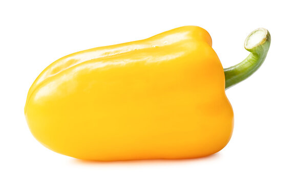 Fresh yellow bell or sweet paprika pepper isolated on white background with clipping path and shadow in png file format. Side view