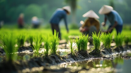 Farmers planted seedlings in green rice fields  - Powered by Adobe