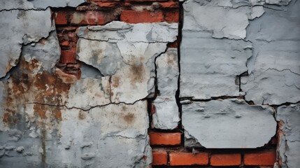 Destroyed, cracked wall. Falling off plaster, a gap in the wall with red bricks. Broken background. 