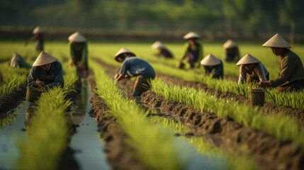 Farmers planted seedlings in green rice fields 