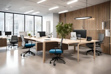 A collaborative workspace in a modern estate office, with flexible seating arrangements, innovative design features, and a balance of open and private areas