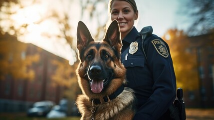 Female police officer with trained dog - obrazy, fototapety, plakaty
