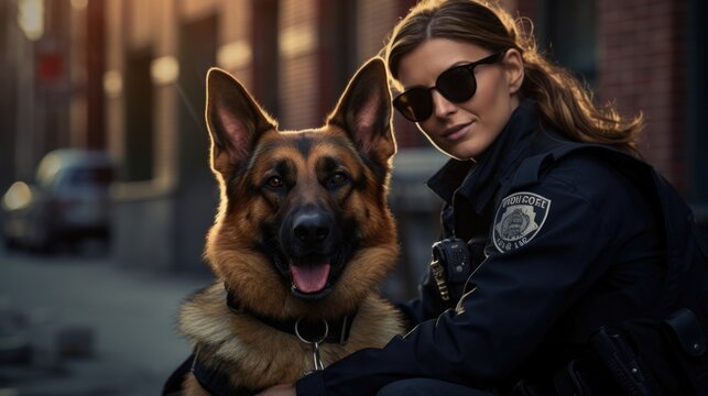 Female police officer with trained dog