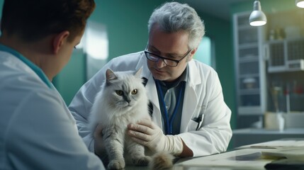 Male vet doctor examining a cat in veterinary clinic 