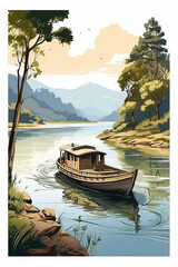 Illustration of a House Boat on a River in Watercolour Style
