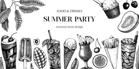 Summer party background. Non-alcoholic beverage, mocktail, ice cream, fruit, cocktail sketches. Hand drawn vector illustration. Summer food festival frame. Bar menu. Tropical design