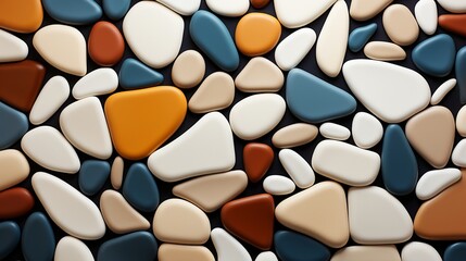 A vibrant collection of polished pebbles rests upon a sandy beach, each one unique in shape and color, a natural work of art waiting to be discovered