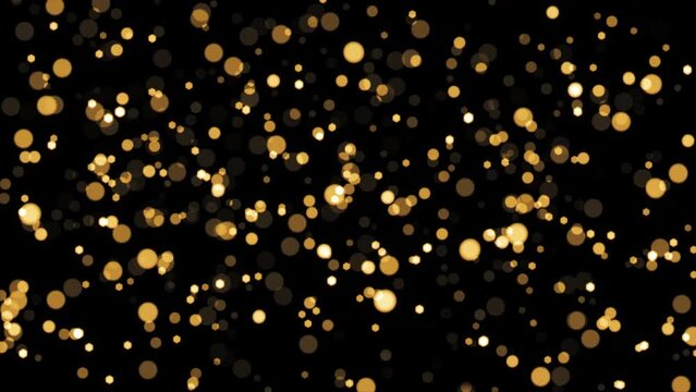 Loop flickering glittering gold star bokeh particles floaw up on black abstract background. 4K 3D seamless loop animation. Winter holiday background concept, Merry Christmas, New year, Wedding, Celebr