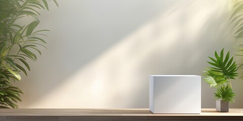 Minimal display with white cube, window light, and podium pedestal.