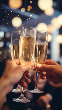 Hand holding glass of champagne, people cheering, cheers, spending a moment together with friends, party, happy moment, nightclub, restaurant, cheering, family, sparkling wine, luxury,	
