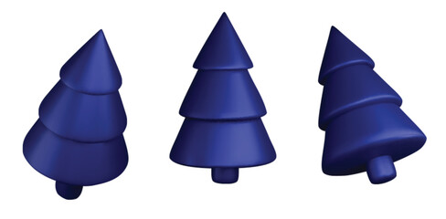 Set 3d blue Christmas tree . Glossy New year and xmas abstract tree shapes.