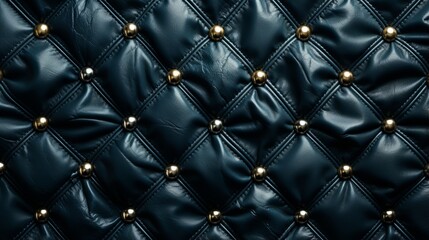 Captivatingly symmetrical, the intricate pattern of gold buttons on a black leather surface entices the viewer to touch and image its alluring design